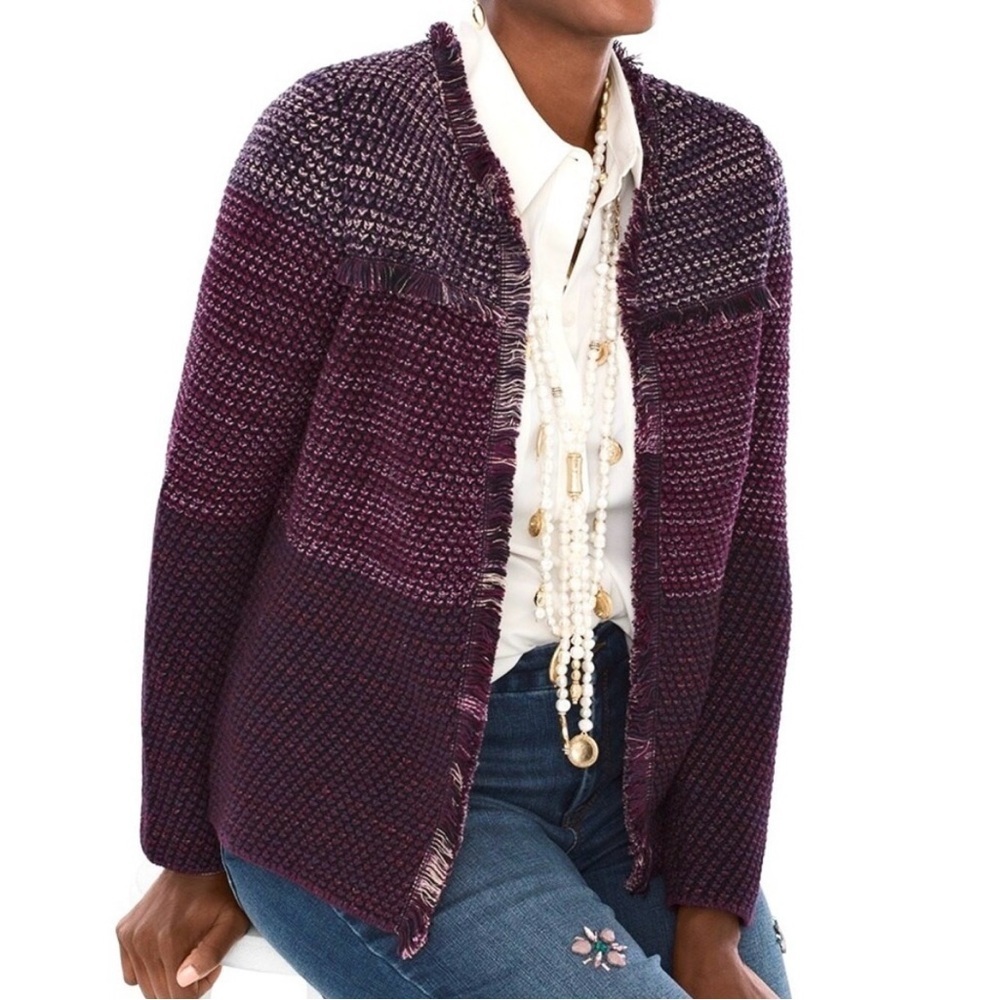 Chico’s open front fringe sweater cardigan size 2=large US like new
